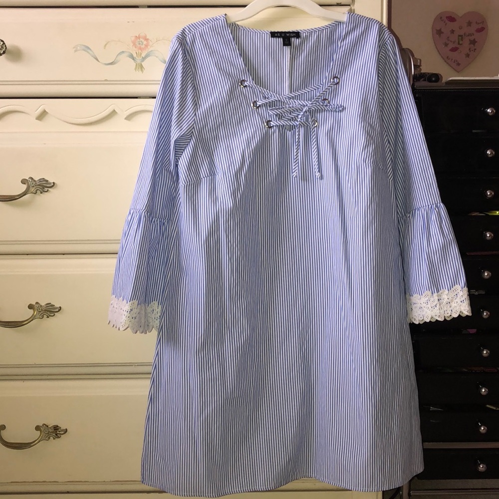 Pinstripe light blue nautical dress w/ lace detail